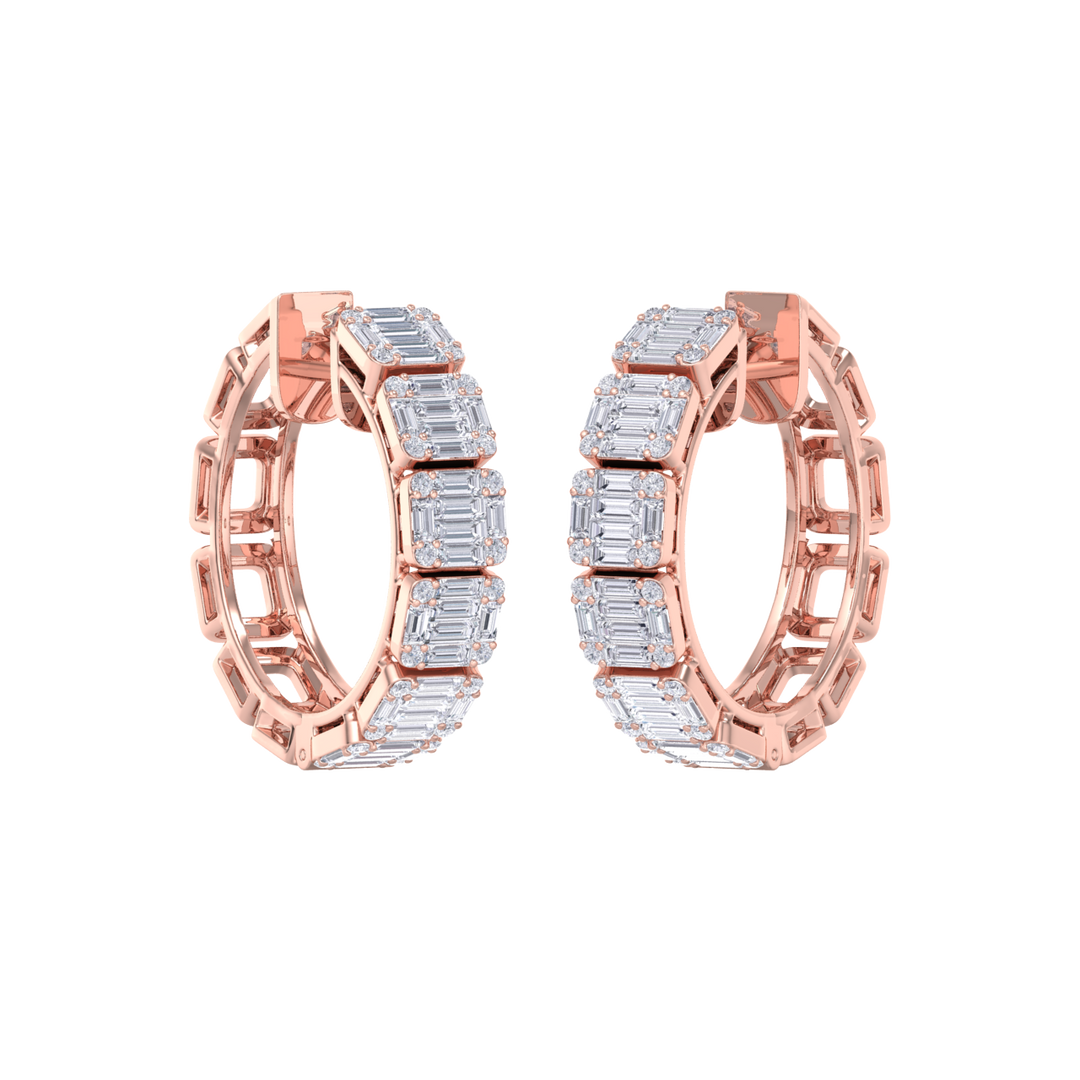 Baguette diamond hoop earrings in rose gold with white diamonds of 4.56 ct in weight