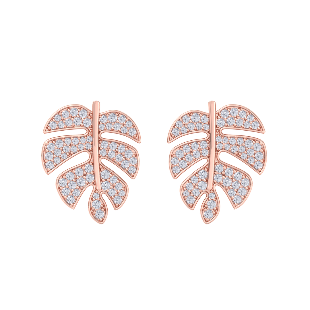 Leaf shaped earrings in yellow gold with white diamonds of 0.65 ct in weight