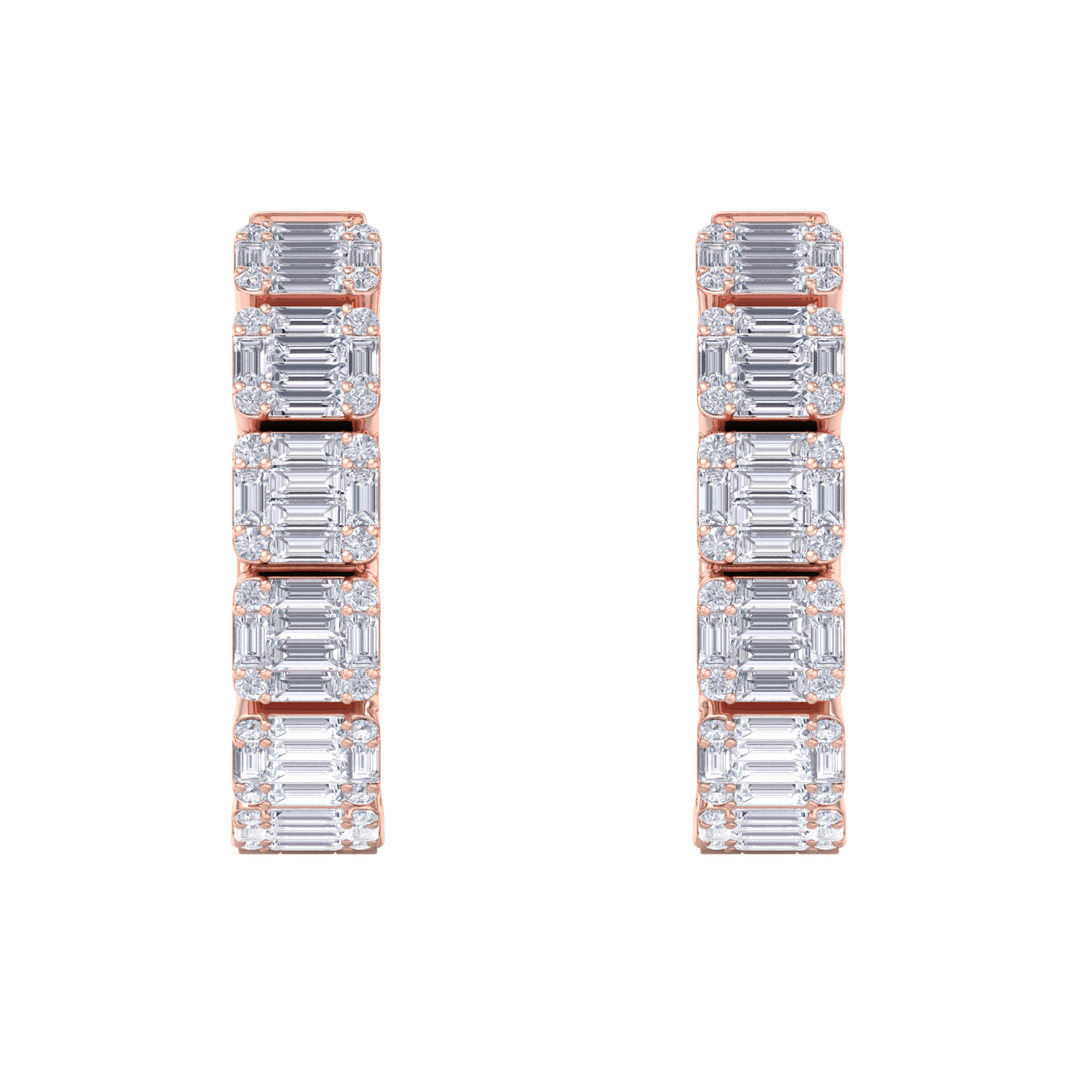 Baguette diamond hoop earrings in rose gold with white diamonds of 4.56 ct in weight