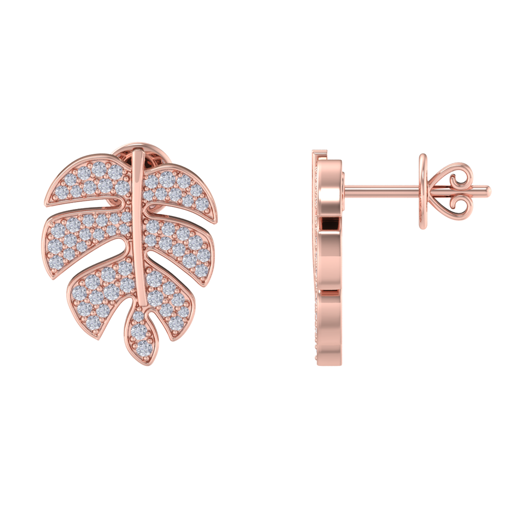 Leaf shaped earrings in rose gold with white diamonds of 0.65 ct in weight