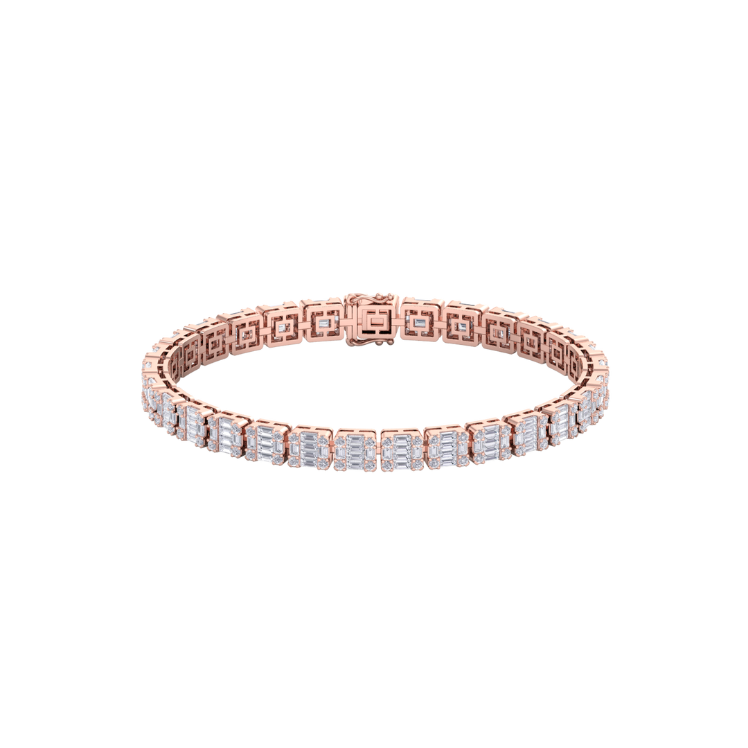 Baguette tennis bracelet in rose gold with white diamonds of 4.18 ct in weight