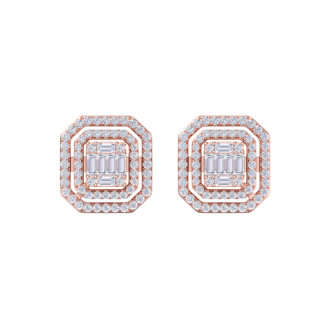 Square stud earrings in rose gold with white diamonds of 0.87 ct in weight