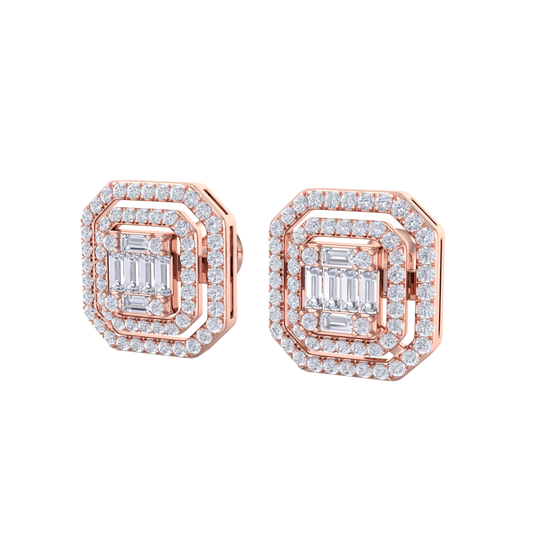 Square stud earrings in yellow gold with white diamonds of 0.87 ct in weight