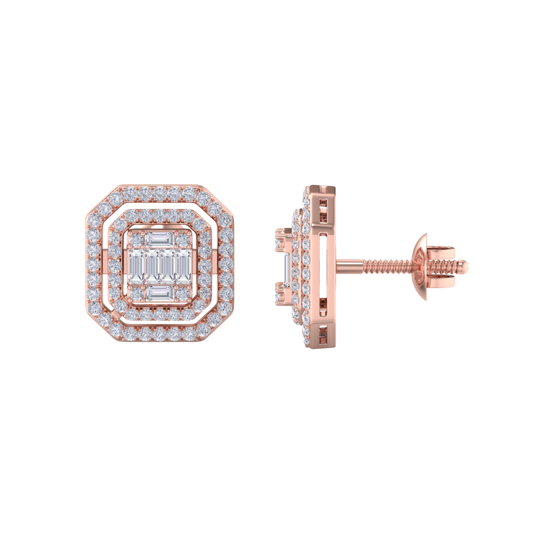 Square stud earrings in rose gold with white diamonds of 0.87 ct in weight