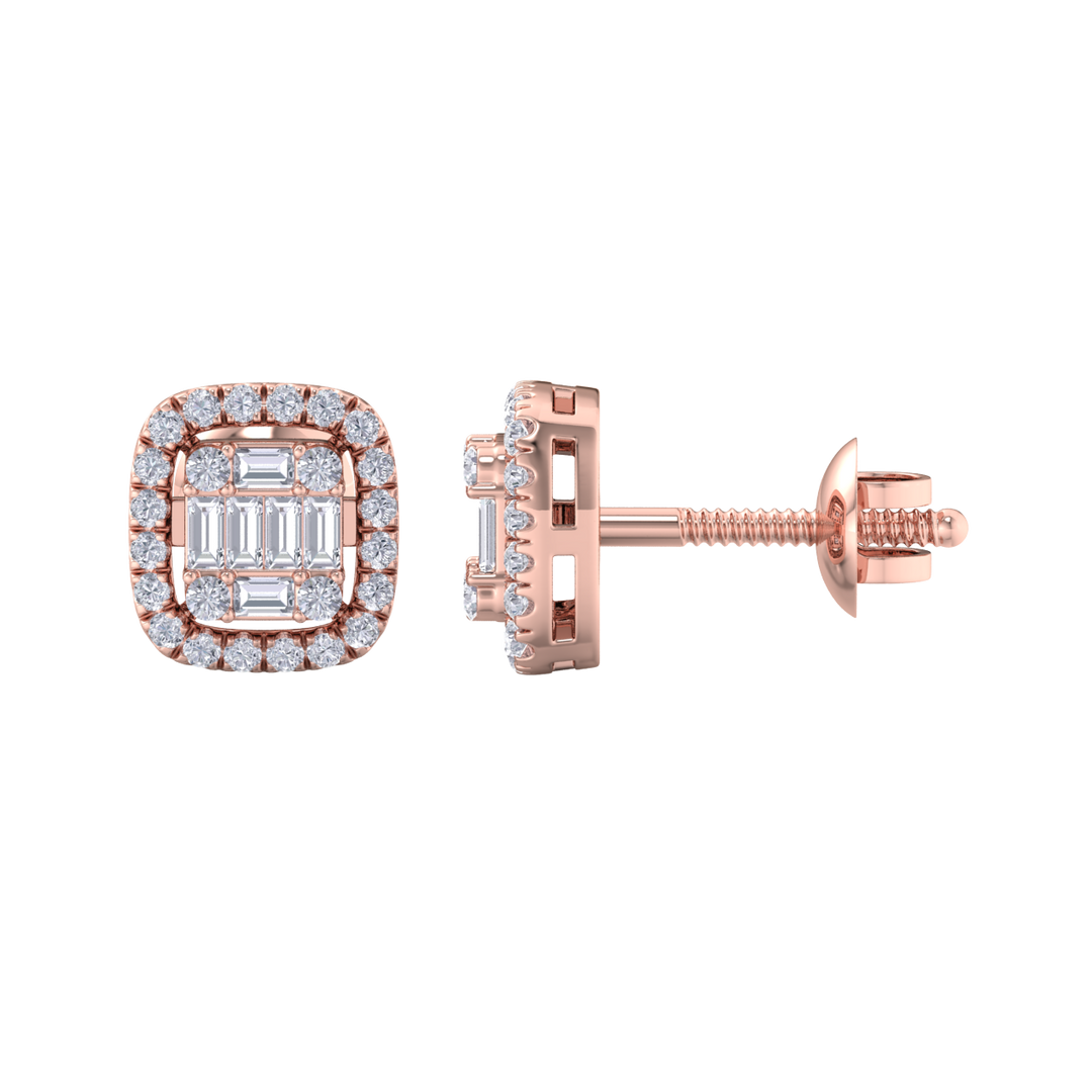 Halo square stud earrings in rose gold with white diamonds of 0.41 ct in weight