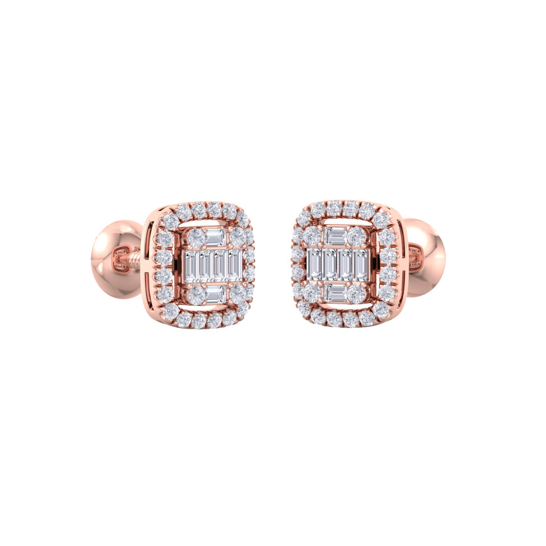 Halo square stud earrings in yellow gold with white diamonds of 0.41 ct in weight