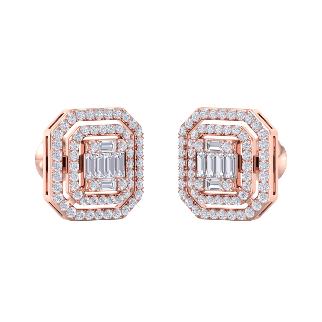 Square stud earrings in rose gold with white diamonds of 0.87 ct in weight