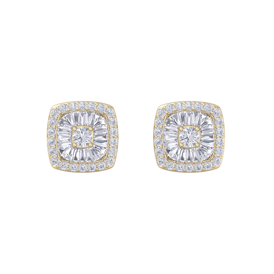 Square halo earrings in yellow gold with white diamonds of 0.60 ct in weight