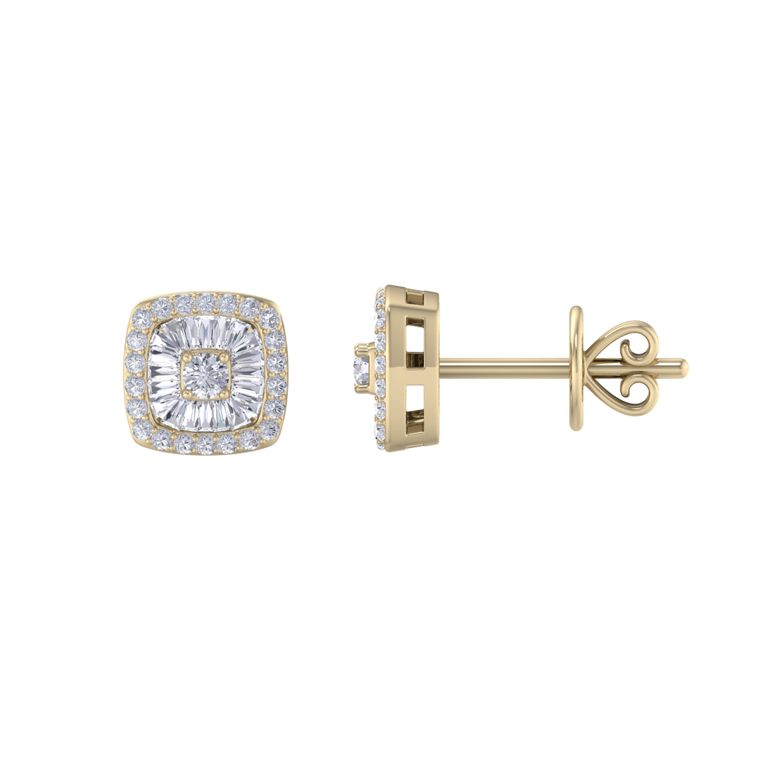 Square halo earrings in yellow gold with white diamonds of 0.60 ct in weight