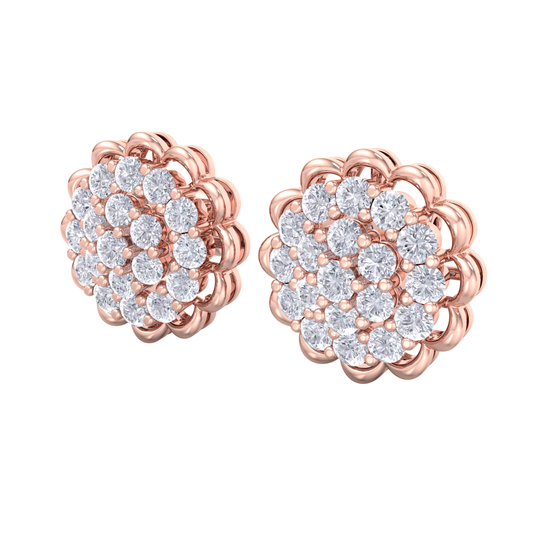 Round shaped stud earrings in yellow gold with white diamonds of 1.66 ct in weight