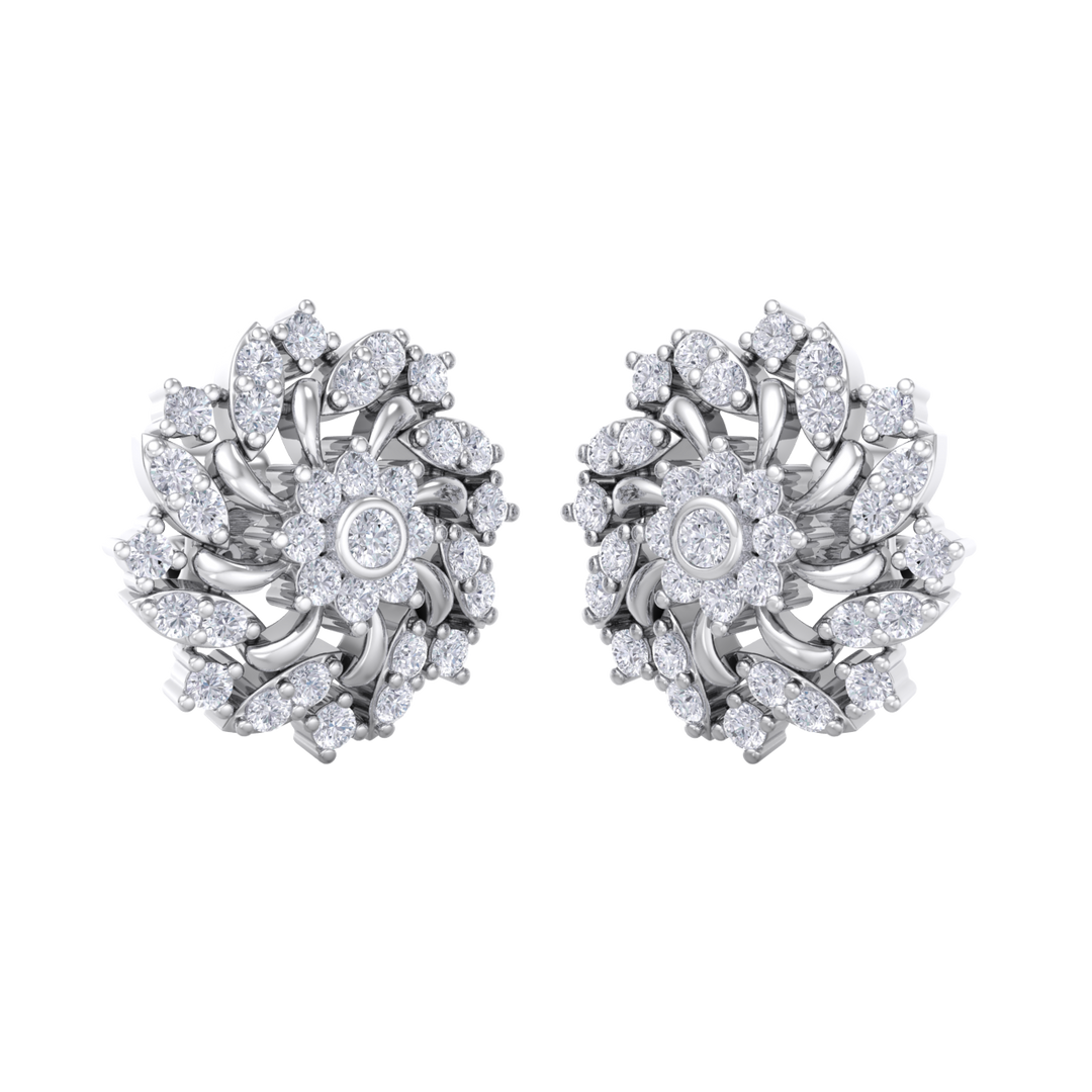 Flower stud earrings in white gold with white diamonds of 1.13 ct in weight