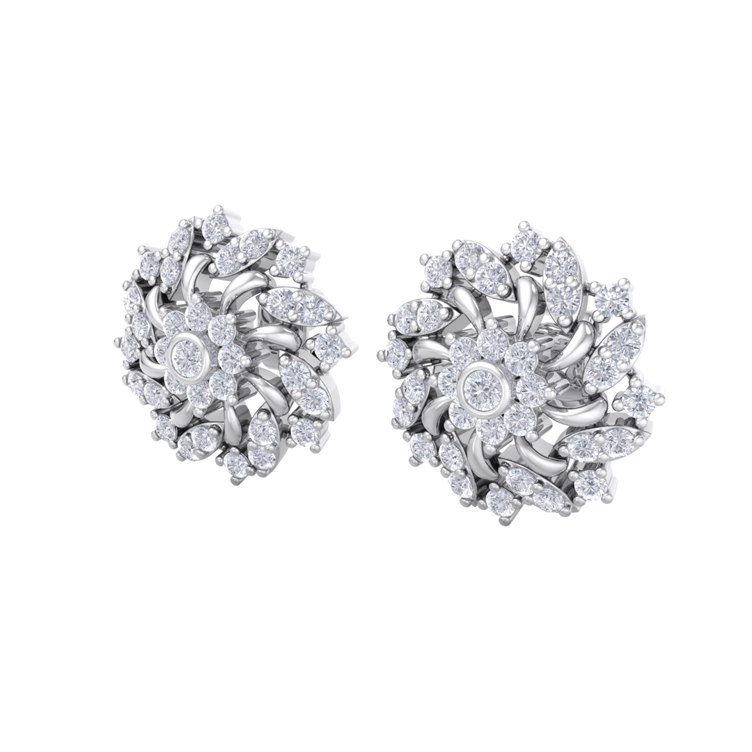 Flower stud earrings in white gold with white diamonds of 1.13 ct in weight