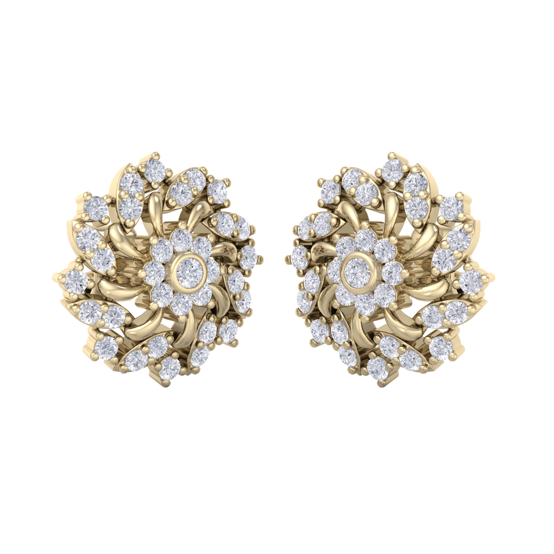 Flower stud earrings in yellow gold with white diamonds of 1.13 ct in weight