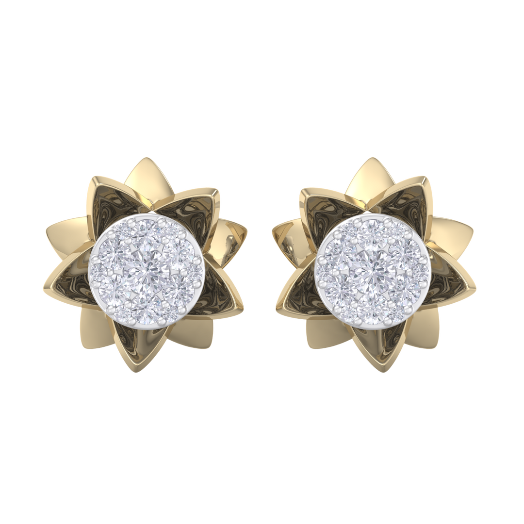 Flower shaped stud earrings in yellow gold with white diamonds of 0.62 ct in weight