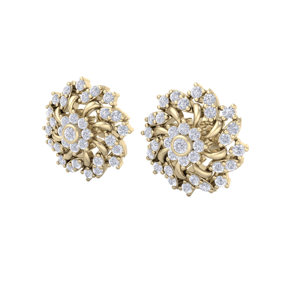 Flower stud earrings in yellow gold with white diamonds of 1.13 ct in weight